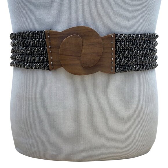 Vintage Black Beaded Stretch Belt With Wooden Clasp Hook - Picture 1 of 7